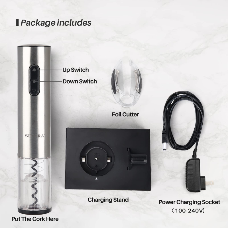 Secura Electric Wine Opener and its package items