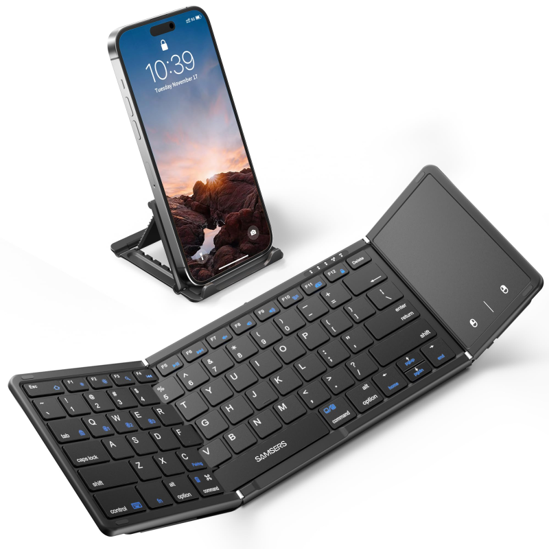 Samsers Foldable Bluetooth Keyboard folded and placed next to a smartphone.
