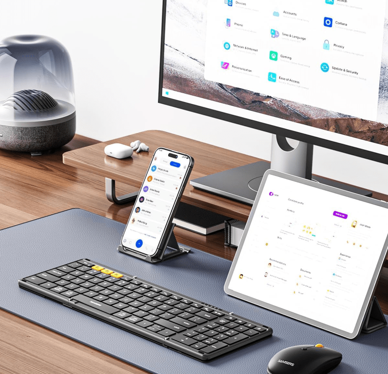 Close-up of the Samsers keyboard connected to multiple devices.