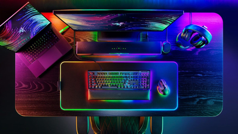 Top view of Razer BlackWidow V4 mechanical gaming keyboard with colorful RGB lighting.