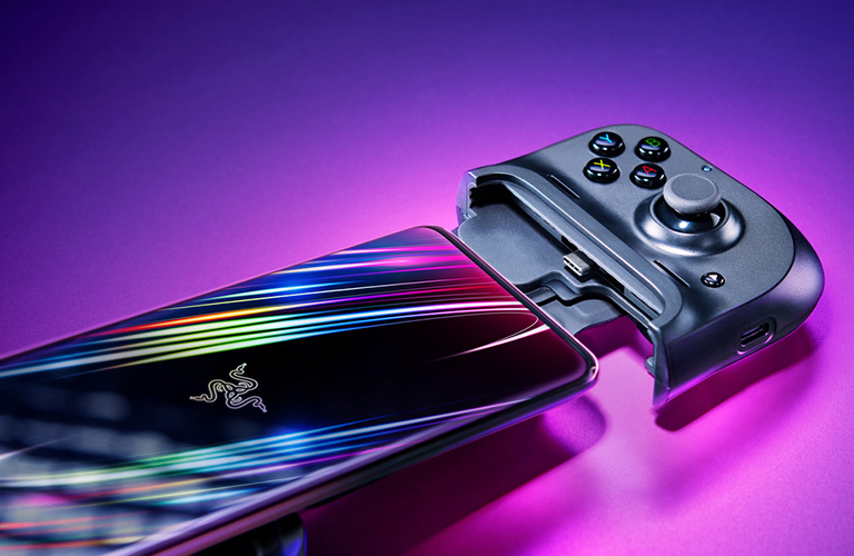 Close-up of the Razer Kishi controller connected to a phone via USB-C