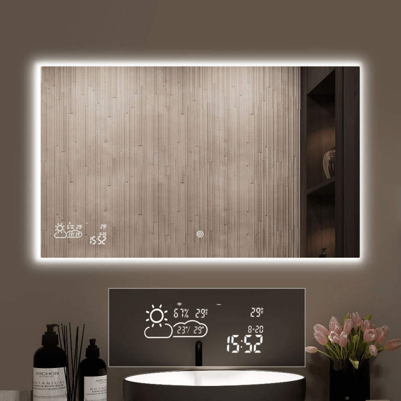 Smart bathroom mirror displaying weather information