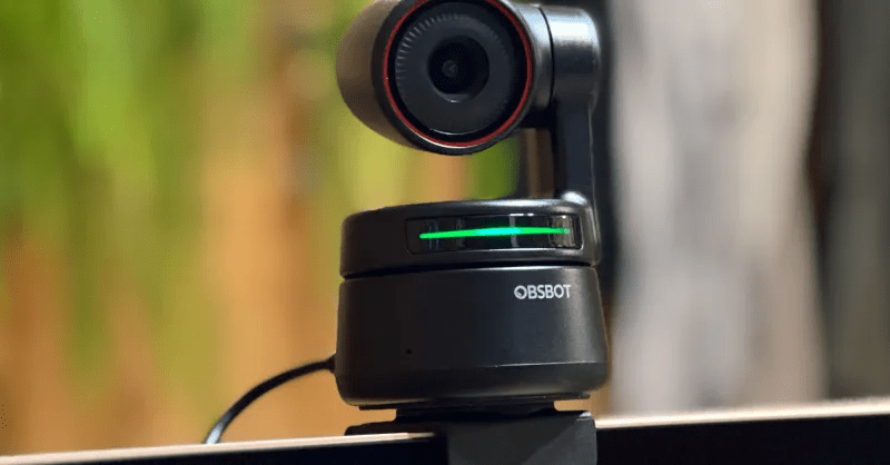 OBSBOT Tiny webcam mounted on top of a laptop
