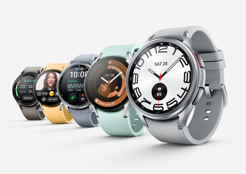 Close-up of Galaxy Watch6 showcasing slim bezel and stylish design.