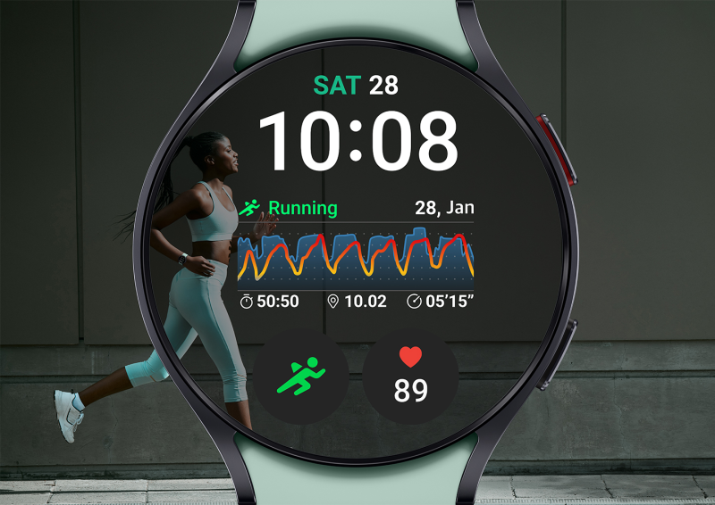 Galaxy Watch6 displaying fitness insights on a vibrant screen