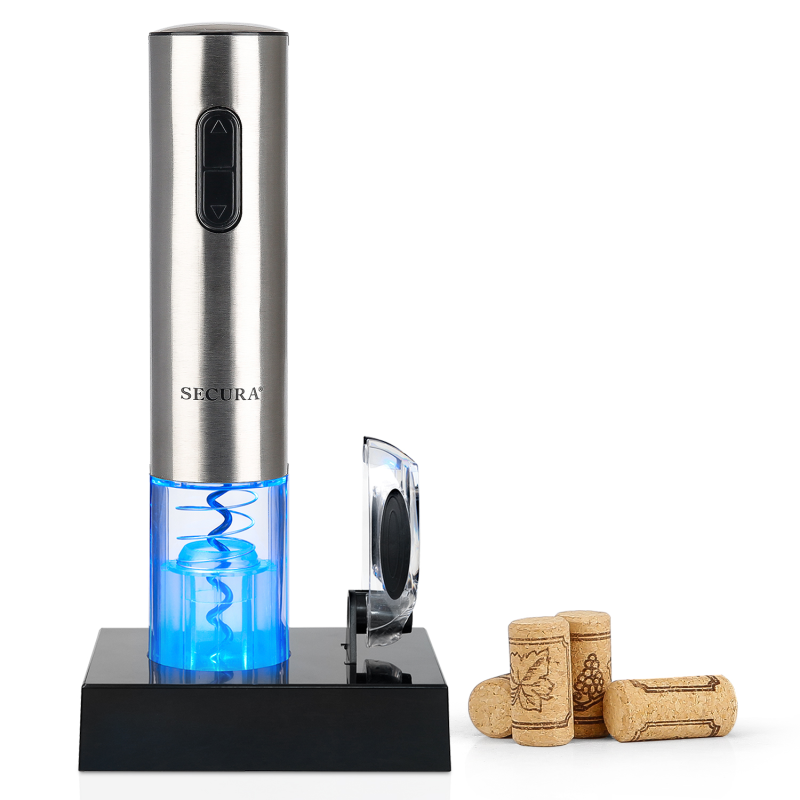 Secura Electric Wine Opener in action uncorking a wine bottle