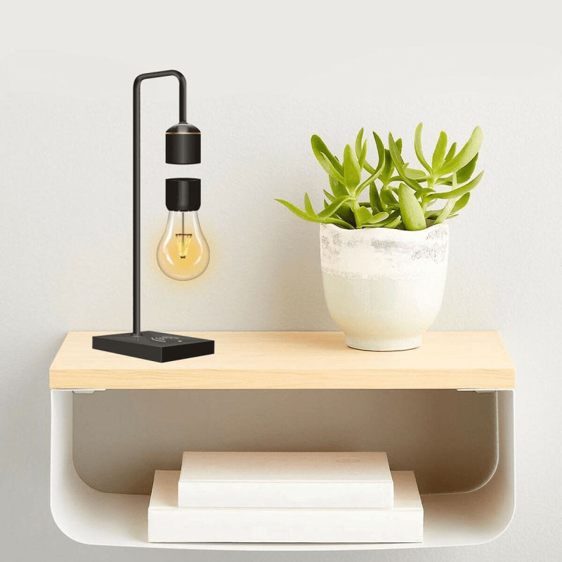 Levitating lamp placed on a shelf, adding ambiance to the room
