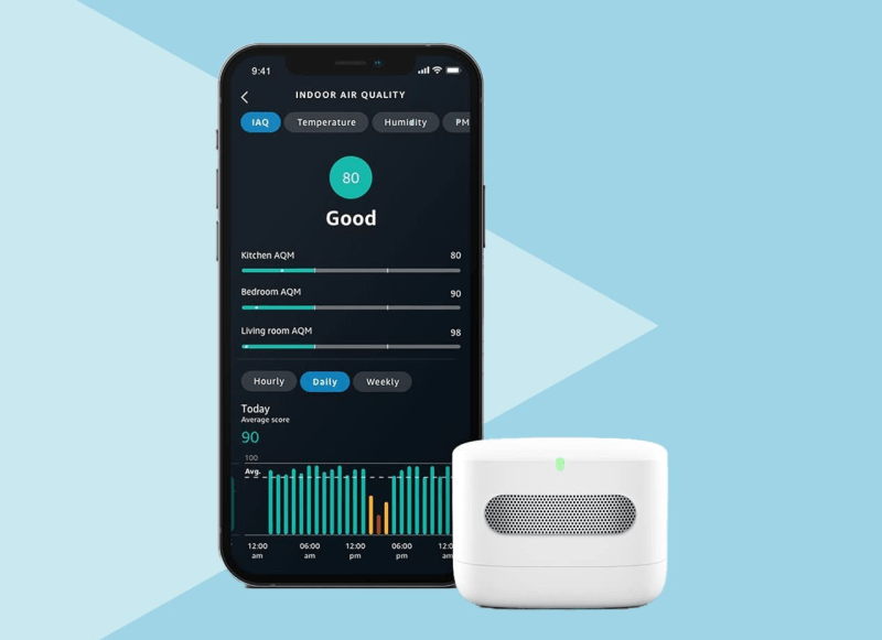 Amazon Smart Air Quality Monitor displaying indoor air information on a smartphone app