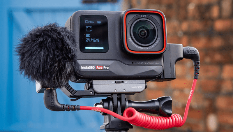 Vlogging setup with Insta360 Ace Pro camera and microphone