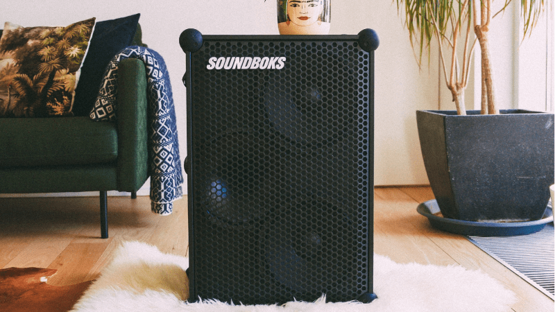 Close-up view of the SOUNDBOKS 4 Bluetooth speaker showing its rugged design.