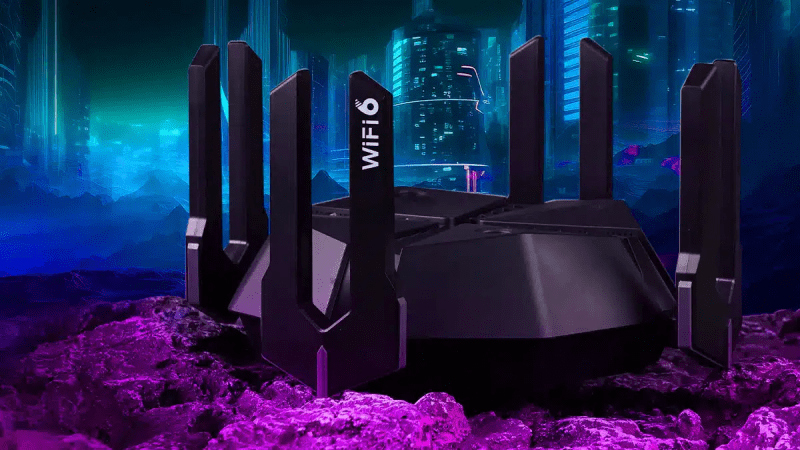 Reyee E6 router displayed in a futuristic digital background.