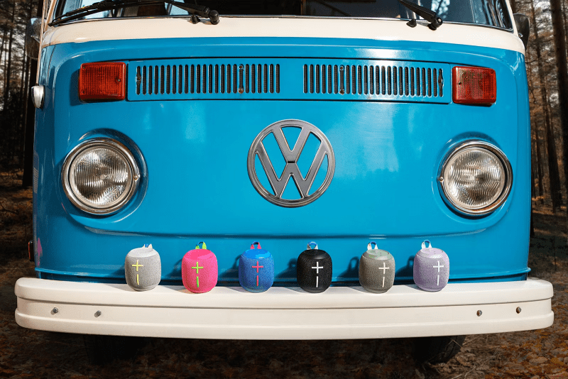 Multiple Ultimate Ears WONDERBOOM 3 speakers arranged on a car bumper