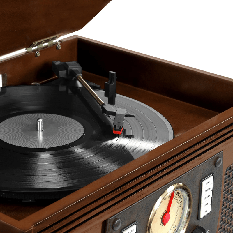 Closeup of the Victrola 8-in-1 Bluetooth Record Player playing a vinyl record.