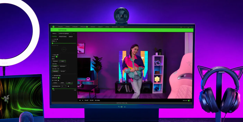 Razer Kiyo Pro webcam set up in a gaming room.