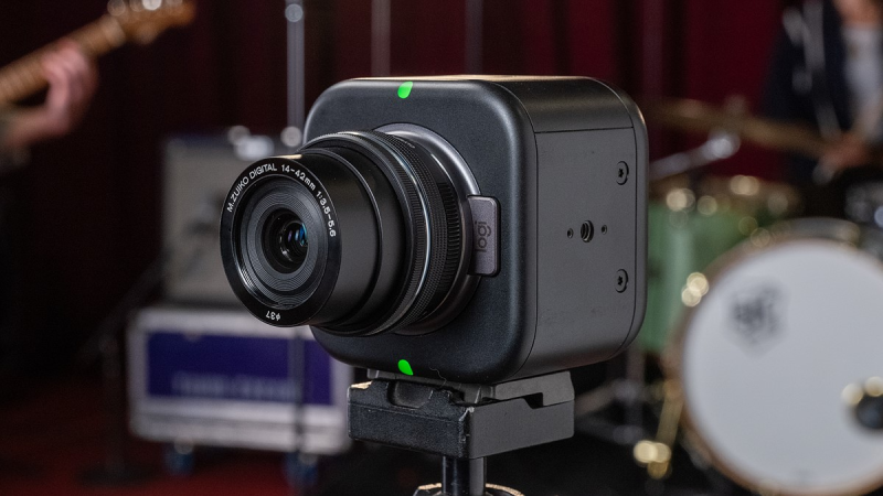 Close-up view of Logitech Mevo Core camera.