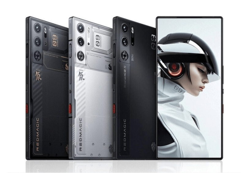 Four REDMAGIC 9 Pro smartphones in different color options.