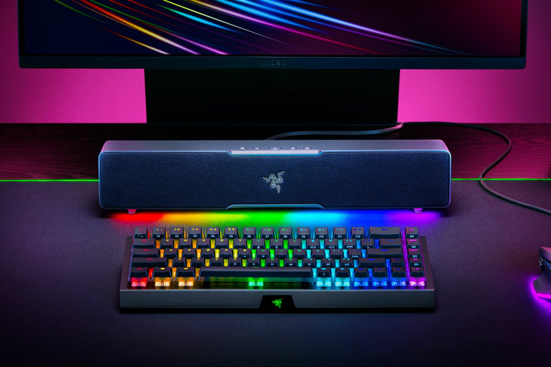Razer Leviathan V2 X soundbar displaying vibrant RGB lighting