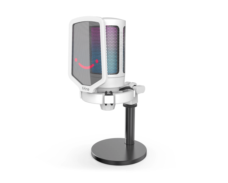RGB lighting on the white FIFINE AmpliGame A6V microphone.