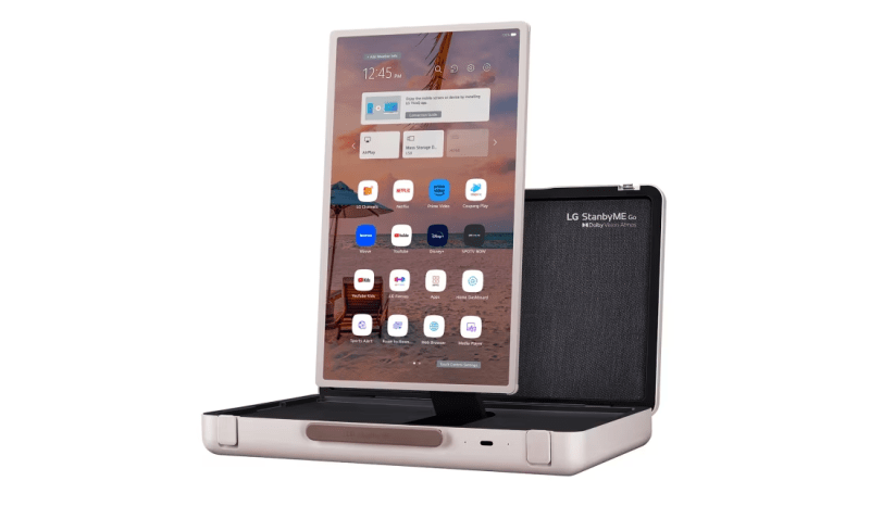 Closeup of the LG StanbyME Go screen in an open briefcase.
