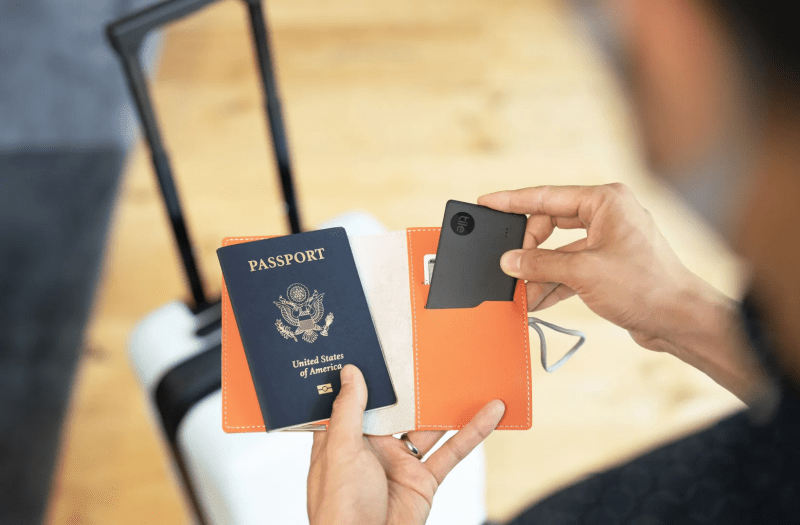 Closeup of Tile by Life360 Slim tracker showcasing ultra-thin design and sleek look.