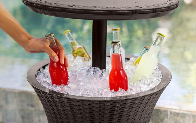 Closeup of the Keter Pacific Cool Bar with elevated top and hidden cooler compartment.