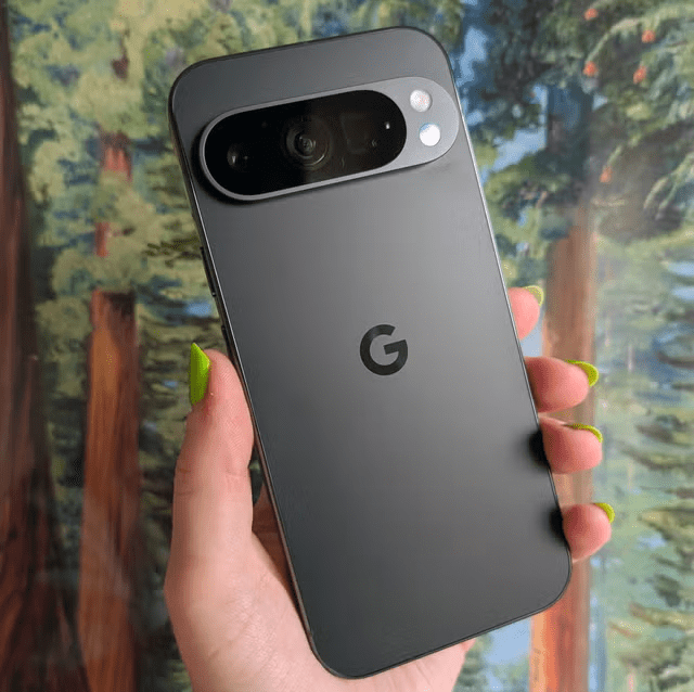 Closeup of the Google Pixel 9 in Porcelain, showing the advanced camera module and sleek design.
