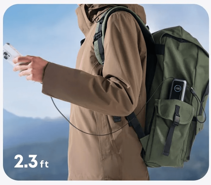 Anker Power Bank 25K’s retractable USB-C cable with extended reach.