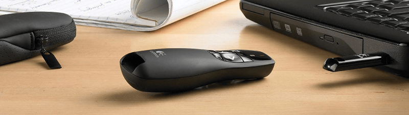 Logitech Wireless Presenter R400 with USB receiver stored in the device for easy portability