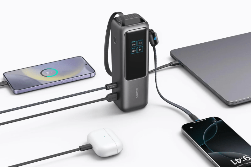 Close-up of Anker Power Bank 25K's triple USB-C ports and USB-A port.