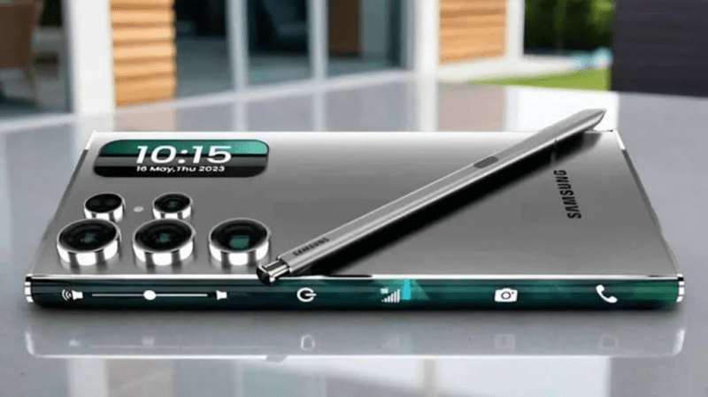 Samsung Galaxy S25 Ultra placed on a table with labels pointing to its hardware features and the accompanying S Pen