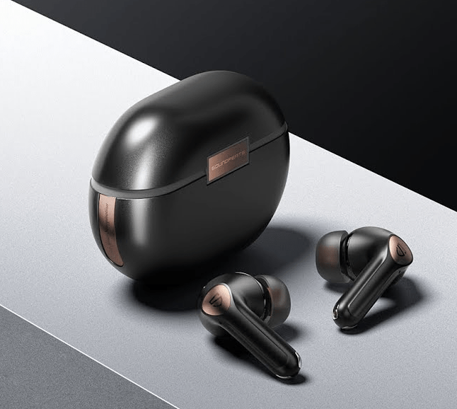 Close-up of SoundPEATS Air4 Pro earbuds with charging case