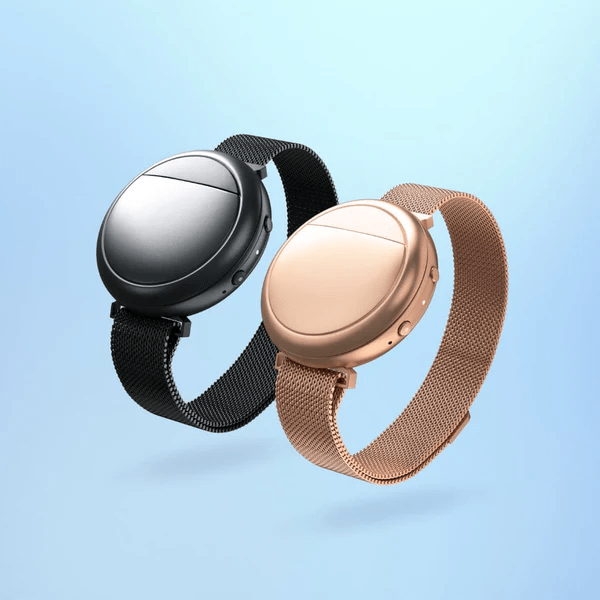 The Embr Wave 2 bracelet displayed on a modern surface, highlighting its compact and stylish design