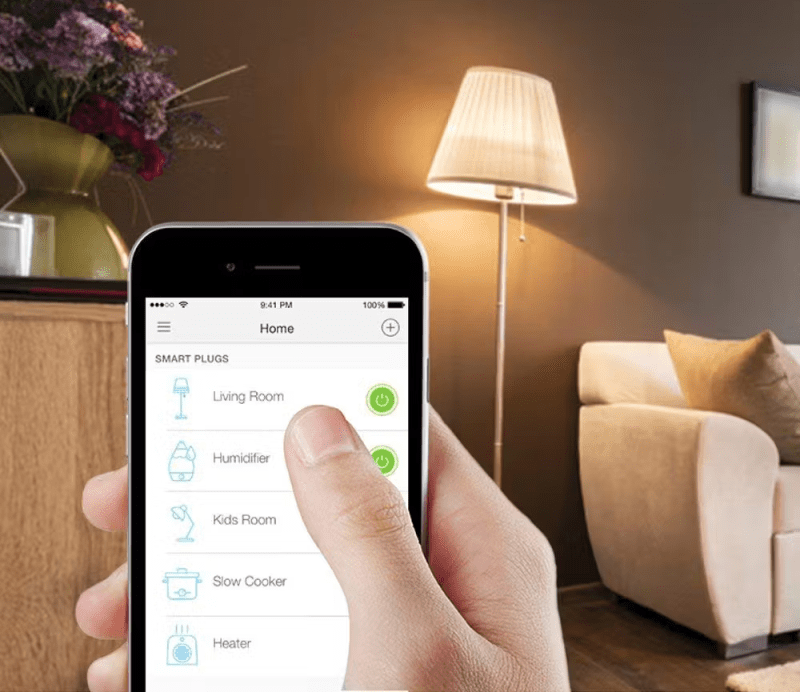 TP-Link Kasa Smart Wi-Fi Plug Slim with app and voice control icons.