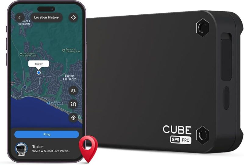 A smartphone displaying the Cube mobile app with real-time tracking and route history.