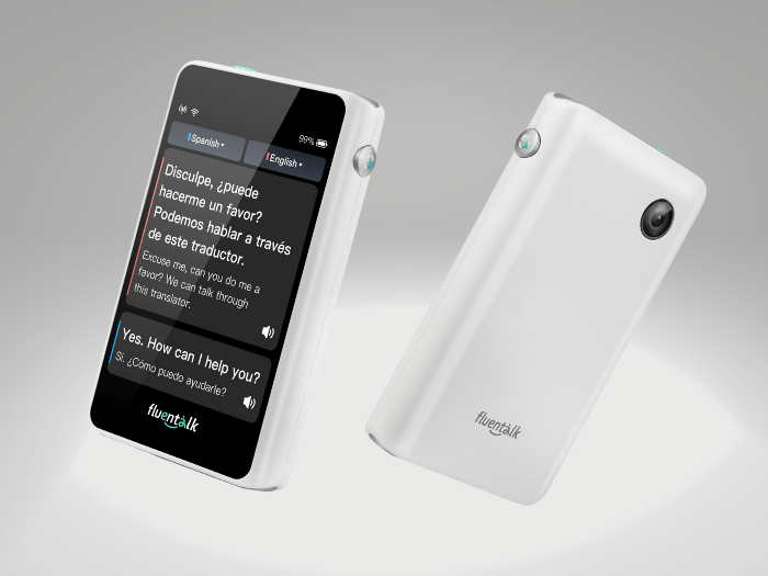 Timekettle Fluentalk T1 Mini Translator displaying key features like real-time translation, offline mode, and photo translation.