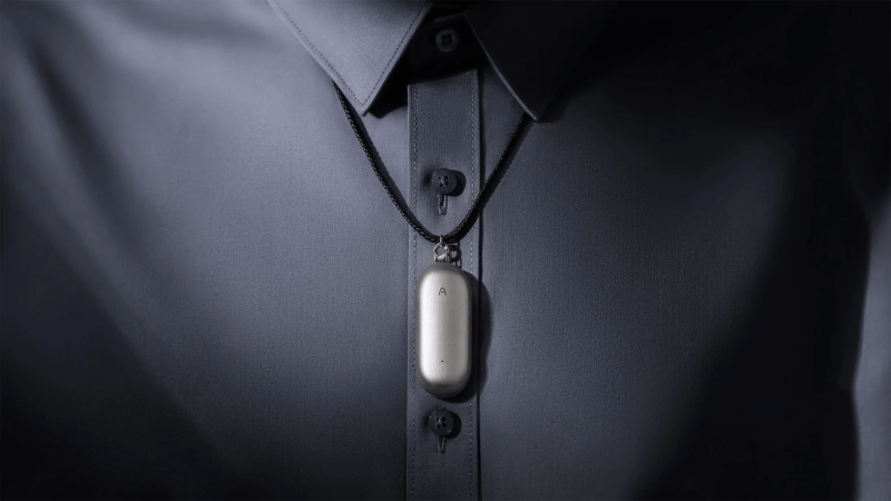 PLAUD NotePin AI Voice Recorder worn as a necklace.