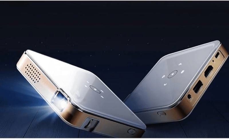 A close-up view of the KODAK Luma 75 Pocket Projector’s side panel, showcasing its HDMI, USB, MicroSD, and 3.5mm audio ports.