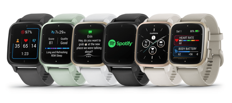 Close-up view of Garmin Venu® Sq 2 features and buttons.