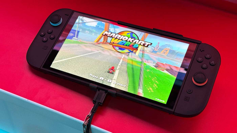 Nintendo Switch 2 displaying vibrant game graphics on the screen