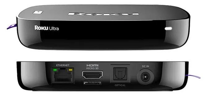 A close-up shot of the back of the Roku Ultra streaming box, clearly showing the HDMI, Ethernet, and USB ports, as well as the power input.