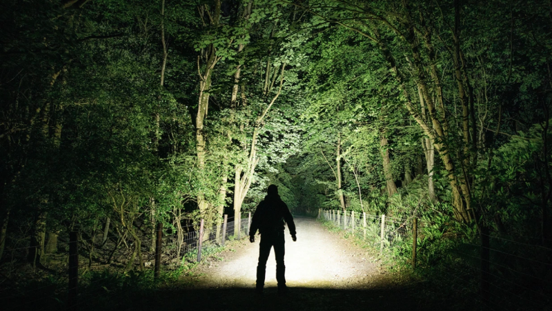 A person standing on a dark forest trail at night, holding the Nitecore EDC37, which is blasting a massive, wide flood of light that illuminates the entire path and surrounding trees.