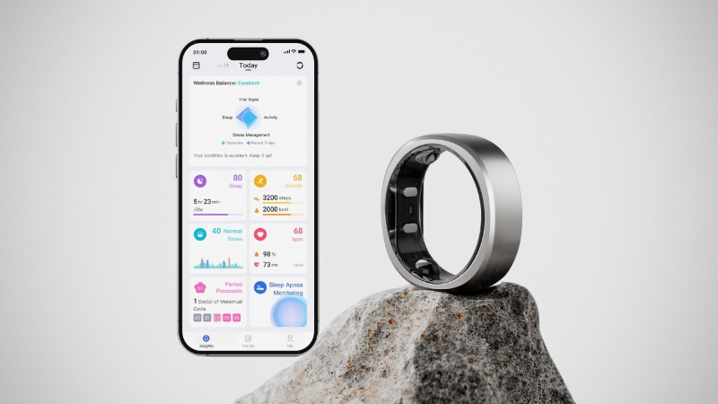 A smartphone screen displaying the RingConn application interface, showing detailed color-coded charts for sleep stages, a graph for blood oxygen levels during sleep, and heart rate variability trends.